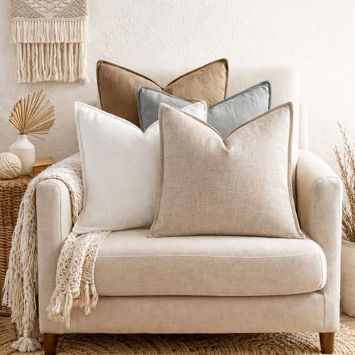 CrystalSylara 4 Pack 18x18 Inch Linen Pillow Covers Decorative Neutral Linen Throw Pillows Cases, Soft Rustic Cushions Boh...