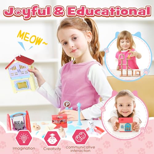 Golray 66Pcs Cat Toys for Kids Girls, 3 In 1 Pet Pretend Play Toys with 9 Cat Figurine/DIY Cat Tree/Beauty House/Playgroun...