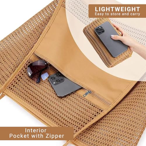 LAILAILE Beach Bags for Women - Large Nylon Mesh Beach Tote Bag with Zipper Pocket & Sandproof Design