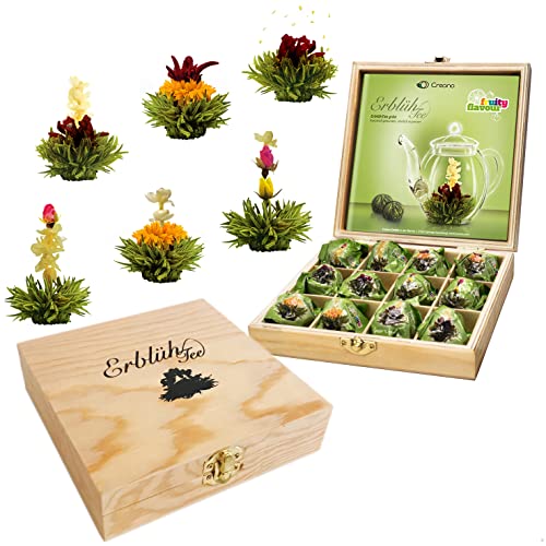 Creano Flowering Abloom Tea - Blooming Gift Set in Stylish Wooden Box, 12pcs