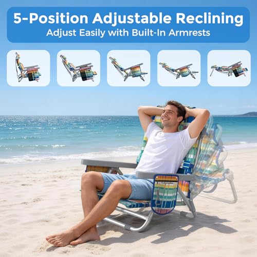 5-Position Backpack Beach Chair for Adults with Lumbar, Foldable Tall Heavy-Duty Beach Chairs with Cooler Bag,Cup Holder,T...