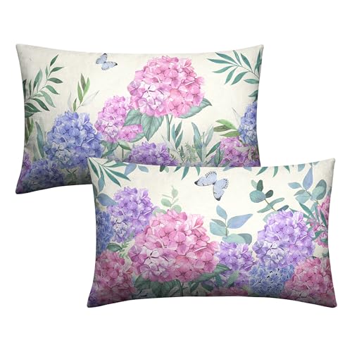 Kwlegh Pink Hydrangea Lumbar Pillow Covers Spring Flowers Outdoor Pillow Covers 12x20 Set of 2 Purple Pink Hydrangea Eucal...
