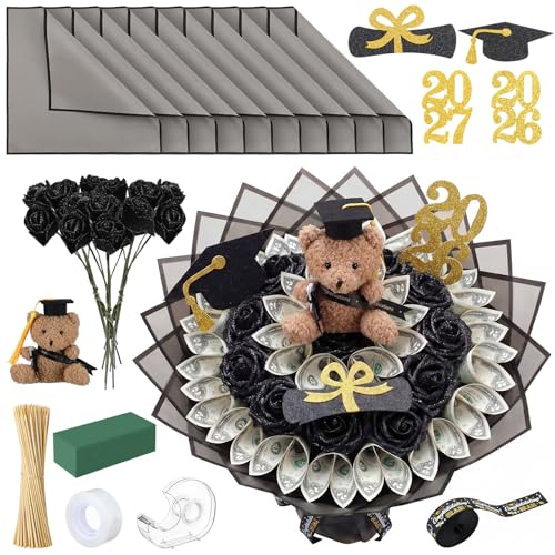 Chunful 143 Pcs Graduation Money Bouquet Kit DIY Flower Bouquet Gifts with Cute Bear Wrapping Paper Graduation Cap Class o...