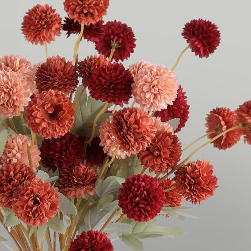 Hananona 12 Pcs Artificial Chrysanthemum Flowers, Orange Kiku Pom Pom Mums Flower Faux Fall Floral for Autumn Halloween Ki...