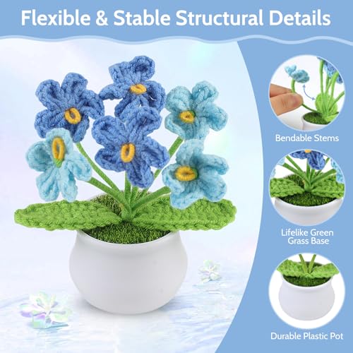 Aeekkya 3pcs Crochet Flowers Pot, Cute Handmade Crochet Flower Desk Decor with Sunflower, Lily of the Valley, Forget Me No...
