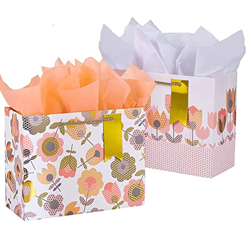 SUNCOLOR 2-Pack 9" Flower Gift Bags with Tissue Paper– Floral Gift Bags for Mother's Day, Birthday, Bridal Shower, Easter,...