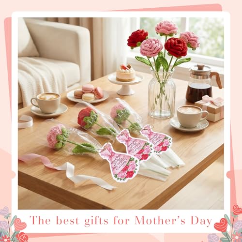 Rivvlive 12 Sets Mother Gift Crochet Flowers Bouquet Handmade Knitted Roses Red and Pink Artificial Rose with Greeting Car...
