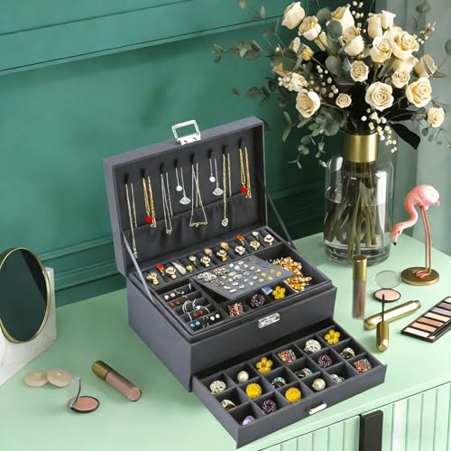 QBestry 3-Layer Jewelry Box for Women with Lock and Key & Drawer, Large Jewelry Organizer with 8 Necklace Hooks & 56 Earri...