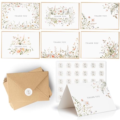 52-pack Floral Thank You Cards Bulk with Kraft Envelopes & Matching Stickers, 3.5x5 Inches, 6 Wildflower Designs | Perfect...