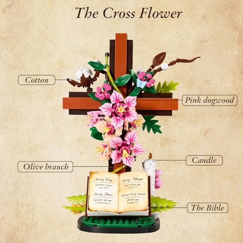 Jesus Cross Flower Building Set, Religious Cross Collectibles Compatible with Lego Jesus Catholic Building Toys, Easter, C...