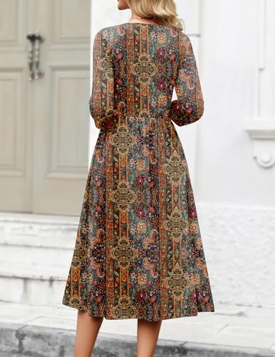 Zeagoo 3/4 Sleeve Women's Dress Casual Flowy A-Line Midi Tshirt Dresses with Pockets Crewneck Vocation Boho Beach Sundress
