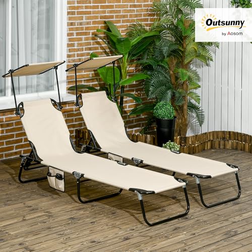 Outsunny Folding Chaise Lounge Pool Lounge Chairs Set of 2, Outdoor Sun Tanning Chairs with Canopy Shade, Reclining Back, ...