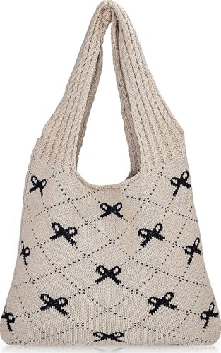 Busnos Beach Bags for Women Coquette Bow Bag Purse Cute Crochet Beach Tote Bag Boho Knit Shoulder Purses Travel Vacation