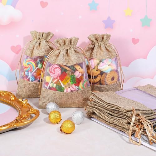 Bruislard 12 Pack Burlap Drawstring Gift Bags 5''x7'' Burlap Gift Favor Bags Organza Sheer Pouches with Drawstring Treat S...