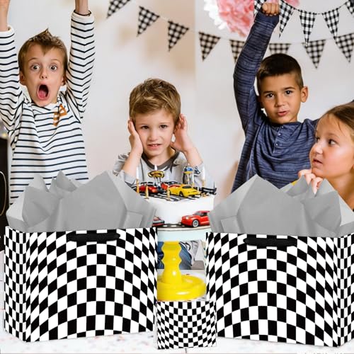 Hooqict Large Checkered Gift Bag Black and White Racing Car Gift Wrap Bag with Handles, Tissue Paper, Greeting Cards for K...