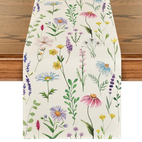 Artoid Mode Wildflowers Floral Eucalyptus Spring Table Runner, Seasonal Summer Kitchen Dining Table Decoration for Home Pa...