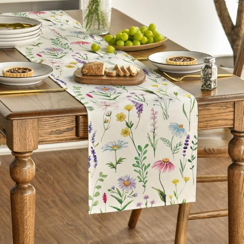 Artoid Mode Wildflowers Floral Eucalyptus Spring Table Runner, Seasonal Summer Kitchen Dining Table Decoration for Home Pa...