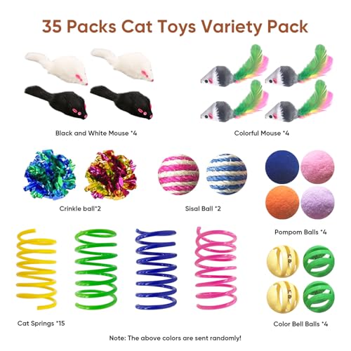 AGYM Cat Toys for Indoor Cats, 35 Packs Interactive Cat Toys Set with Colorful Springs, Mouse Cat Toy, Crinkle, Sisal, Pom...