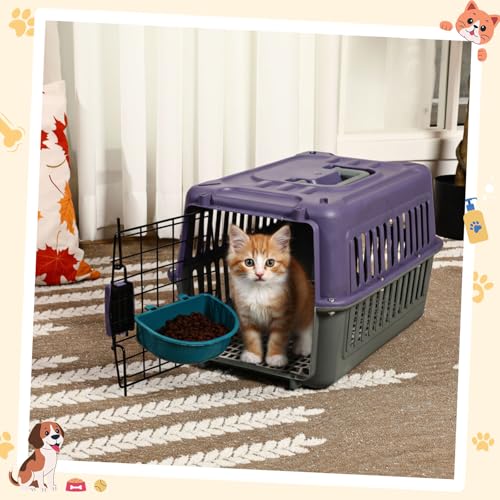 2 Set Travel Pet Carriers for Small Cat Dog Plastic Hard Shell Carrier Cat with Bowl Wire Door Grille Mat Portable Breatha...
