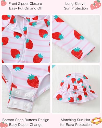 Yhnslsf Baby Swimsuit Girl Summer One-Piece Infant Bathing Suit with Hat Long Sleeve Ruffle Zipper Rash Guard Beach Swimwear