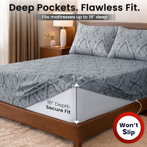 Ultra Soft Wrinkle-Free Microfiber Paisley Twin Sheet Set, Cute Floral Pattern Boho Print – 16" Deep Pocket Fitted Sheet, ...