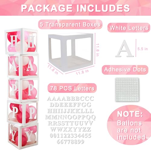 White Transparent Balloon Boxes, Clear Baby Boxes with 78 Letters for Custom Name, Balloon Box Blocks Backdrop for Bride S...
