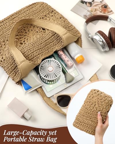 Beach Bag, Straw Beach Bags for Women, Floral Designed Beach Tote Lightweight Foldable Straw Bag