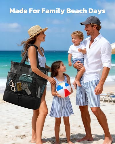 VAYOQON Extra Large Beach Bag with Cooler, Mesh Tote Bag for Women with Zipper, Waterproof Sandproof Pool Vacation Essentials