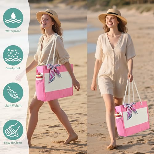 TAOZIM Beach Tote with Cosmetic Bag, Waterproof Canvas Beach Bag w/Ribbon Personalized for Women Birthday Travel Essential