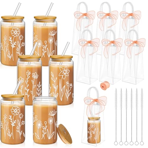Mumufy 6 Sets Boho Floral Glass Cups with Clear Gift Bag 16 oz Reusable Flower Iced Coffee Mugs Aesthetic Cute Tumbler wit...