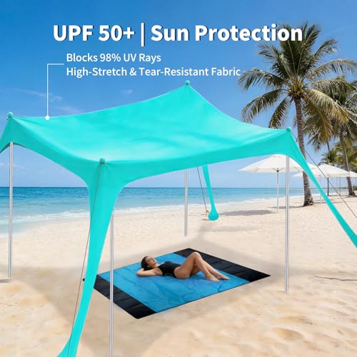 12x12 FT Beach Tent Sun Shelter UPF 50+, XL Beach Canopy with 4 Thickened Aluminum Poles, Sandbags, Windproof Portable Bea...
