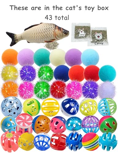 DIYUQISHI 43 Pcs Cat Toys Set for Indoor Bored Kitten - Catnip Fish, Bell Balls, Plush Balls, Glow Balls & Extra Catnip Pa...