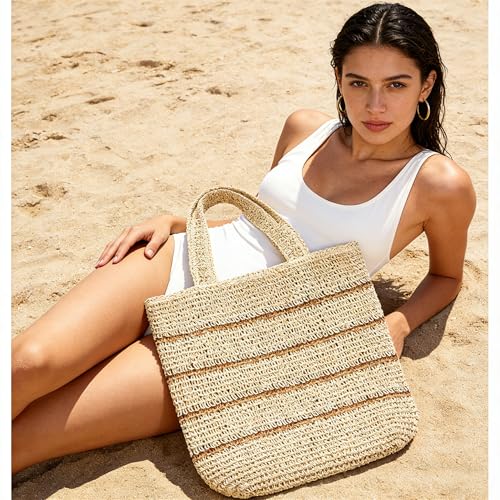 TOFUNTOY Straw Beach Bag for Women Summer Handmade Woven Shoulder Beach Tote Bag Large Capacity Tote Bag for Summer Vacation