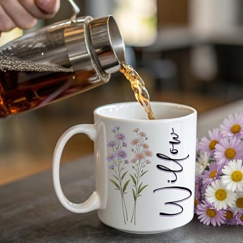 Personalized Birth Flower Name Coffee Mug, Custom Ceramic Cup 11oz 15oz, Floral Gift for Women Mom Grandma Sister Friend, ...