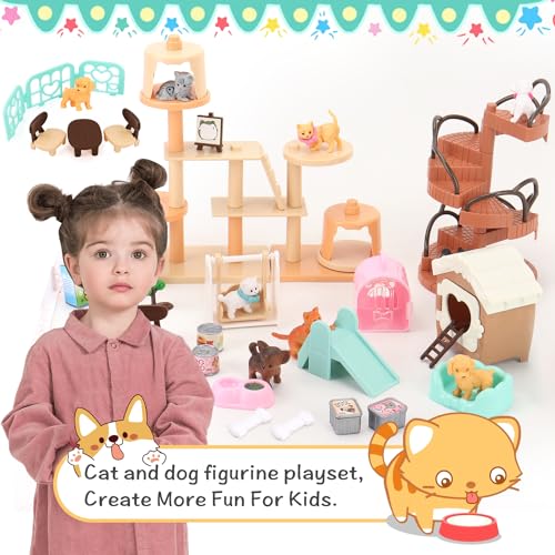 BananMelonBM 67 PCS Cat and Dog Pet Figurine Playset, Pretend Play Toy for Kids Creative DIY Realistic Detailed, Education...