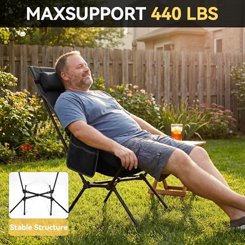 TOBTOS Portable High Back Camping Chair, Support 440 lbs, Ultralight Folding Chair with Head Support, Compact Backpacking ...