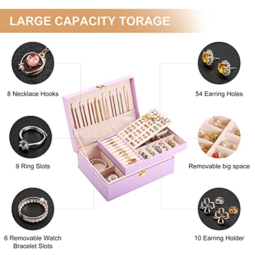 Jewelry Box for Girls Women Leather Jewelry Organizer with Lock Double Layers Jewelry Storage Case Removable Tray for Neck...