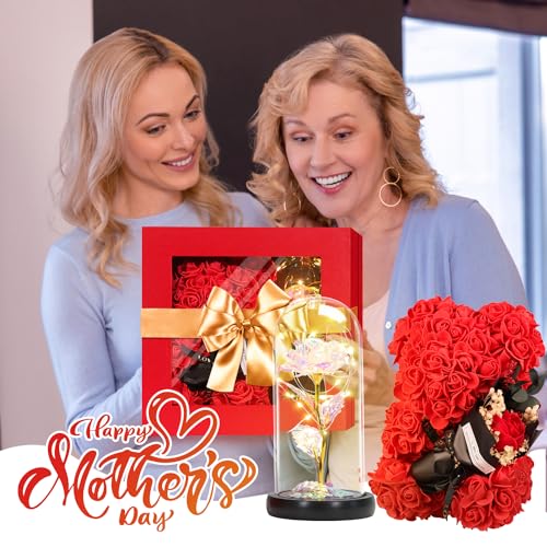 Mothers Day Rose Gifts for Mom Women Wife Girlfriend, Rose Bear & Beauty and the Beast-Inspired Rainbow Light-Up Roses Gif...