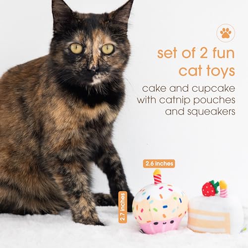 Pearhead Happy Birthday Cake Cat Toy Set, Stuffed Birthday Cake and Cupcake Cat Toys with Catnip and Squeakers, Interactiv...