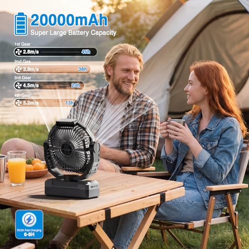 AVAVO Camping Fan Rechargeable, 20000mAh Battery Powered Portable Fan with 4 Speeds & 2 LED Lights, Cordless Outdoor Tent ...