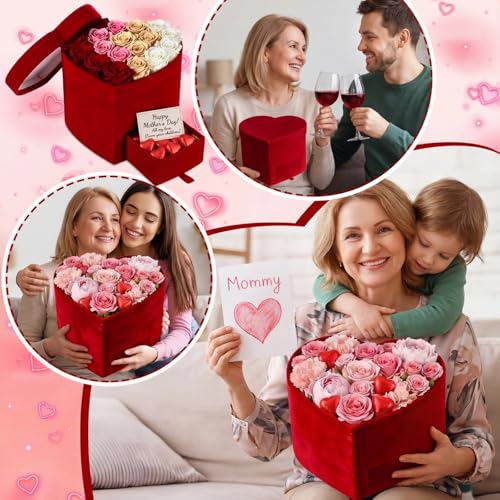 Tinlade Velvet Heart Shaped Gift Box with Lid & Drawer, Red Flower Box for Roses, Heart Treat Boxes for Mother's Day, Vale...