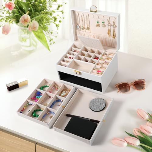 coobest 3 Layer Jewelry Box, Lockable Jewelry Holder Organizer with Jewelry Drawer, Large Jewelry Boxes & Organizer with V...