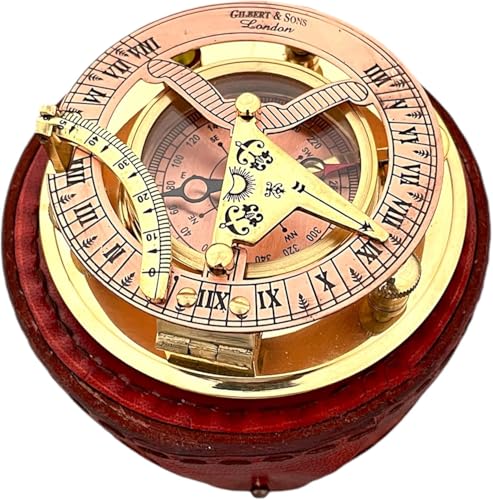 NETAEX Personalized Engraved Antique Brass & Copper Sundial Compass, Sundial Clock in Leather Box Gift Sun Clock Ship Repl...