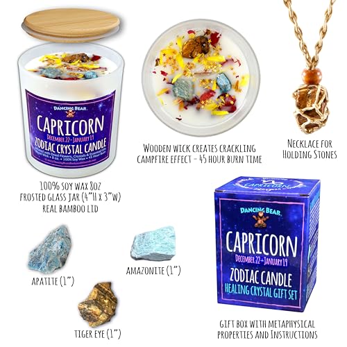DANCING BEAR Capricorn Zodiac Candle Gift Box Set with 3 Healing Crystals & Stone Holder Necklace, 100% Soy Scented Wax, C...