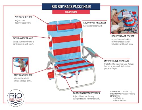 Rio Beach 2-Pack Wide Big Boy 4-Position Backpack Beach Chair with Pillow, Arms, and Storage Pouch, Lightweight Outdoor Po...