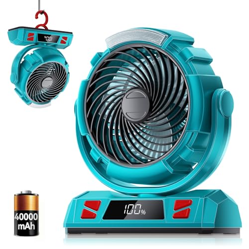 Camping LED Fan with Light, 40000mAh Rechargeable Battery Powered Outdoor Tent Fan with Light and Hook, 6 Speed, Personal ...