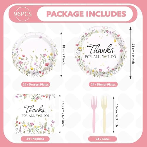 Greencian 96 Pcs Wildflower Thanks Party Supplies Teacher Appreciation Plates and Napkins Watercolor Wild Flower Tableware...