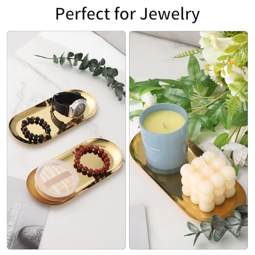 2Pack Gold Decorative Trays Bathroom Vanity Tray for Dresser Counter, Stainless Steel Jewelry Dish Cosmetics Organizer, Pe...