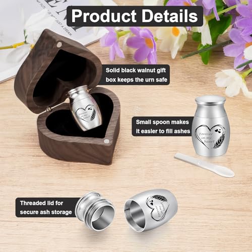 XIUDA Wooden Mini Memorial Small Urns for Ashes Stainless Steel Cremation Mini Urn with Black Walunt Box Funeral Heart Win...