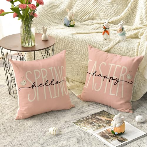 AVOIN colorlife Happy Easter Buffalo Plaid Rabbit Pink Throw Pillow Cover, 20 x 20 Inch Eucalyptus Leaves Hello Spring Cus...